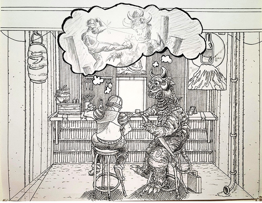 Relevance, 2022, characters I made reconciling at a bar and discussing their past lives of success.