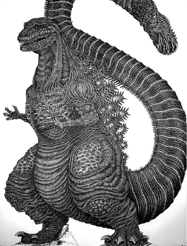 Shin Godzilla Illustration, 2022, eighteen inch tall ink drawing I made of the character shin godzilla, lots of details present here.