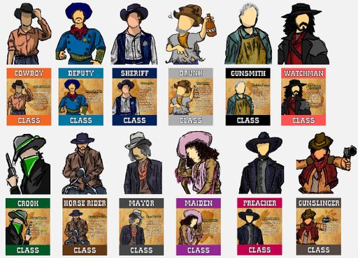 Out-Gunned Class cards, (2022), all available Class cards with their respective characters and abilities, 2.5 x 3.5 in.