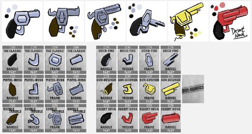 Out-Gunned Gun Part cards, (2023), all available Gun Part cards with six variants of the revolver design, 2.5 x 3.5 in.