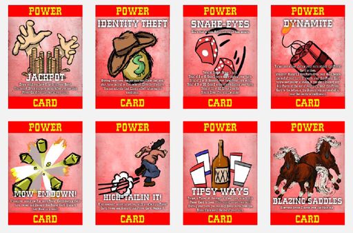 Out-Gunned Power Cards, (2023), some examples of the available Power Cards in the game with their respective effects, 2.5 x 3.5 in.