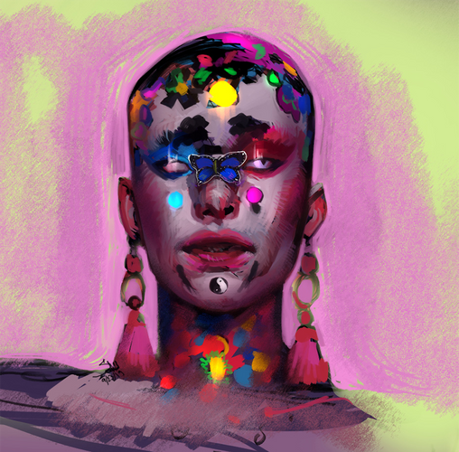 Pink Zombi. Inspired by the saying “ I dreamt I was a butterfly”. A play on surrealism, portraiture, and exploring form and color.