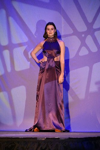 Caroline, 2023 purple satin dress with cutouts and godet train with copper ring shawl/collar