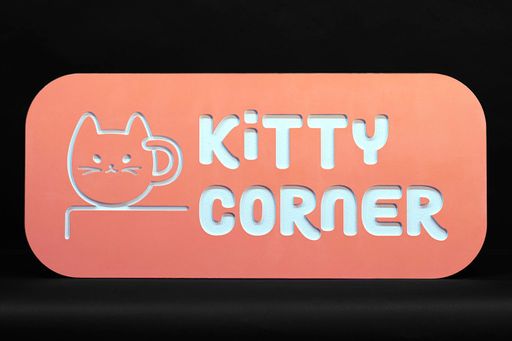 Kitty Corner Sign, 2023, carved out of medium density fiberboard using a CNC router with the help of Star Store woodshop technician Shingo Furukawa, 36 x 18 in.