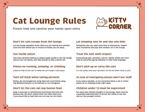 Cat Lounge Rules, 2023, rules for customers to read before entering the cat lounge, 11 x 8.5 in.