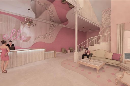 Reception, 2023, The entry with custom features and traveling light.