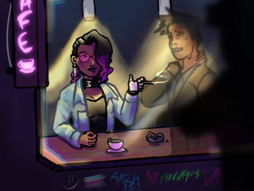 Late Night Dealings, 2023, celeste (left) sitting in a cafe waiting for a client who is very late