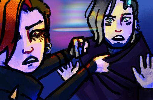 Confrontation, 2022, dox (left) confronts null (right) about how they’re still alive but they’re interrupted