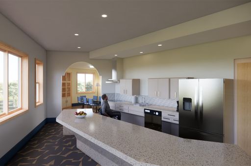 Kitchen, 2024, wheelchair accessible work counter and island.