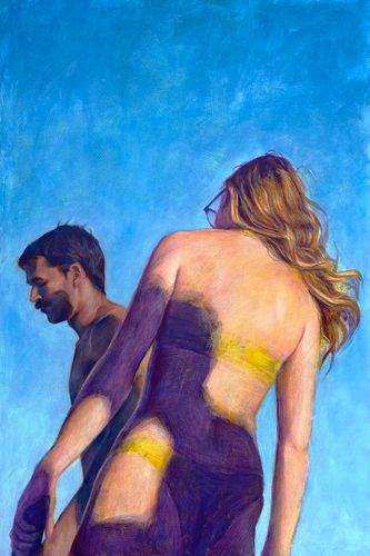 Through the Blue, 2024, Acrylic, colored pencil, oil and watercolor pencil on canvas, 36 x 24 in.