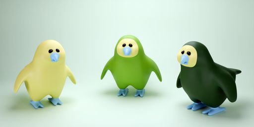 Three Model Colors, 2025, render of the bird models in three colors-yellow, green, and olive, 25 x 12.5 in