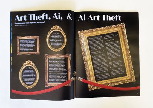 Daisy, 2025, art theft, ai, and ai art theft article, written in pages and designed in InDesign  17x11 in.