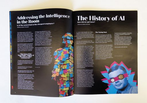 Daisy, 2025, ‘addressing the intelligence in the room’ and ‘the history of ai’ written in pages and designed in InDesign, collage created in Photoshop  17x11in.