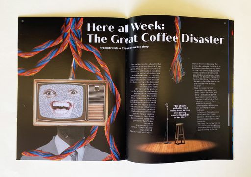 Daisy, 2025, ‘here all week’ written by ChatGPT, designed in InDesign , collage in Photoshop 17 x 11 in.