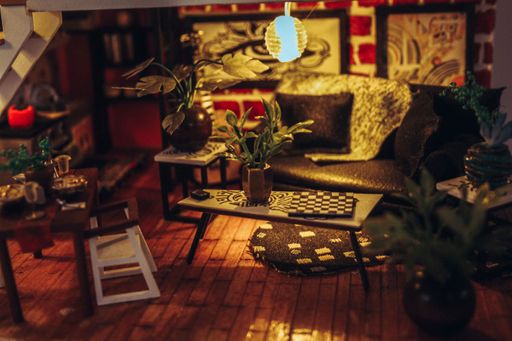 Freshly Moved In, 2024, wood, fabric, beads, mixed media, 10.75 x 6.5 x 8 in.