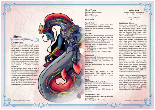 Sirens, 2026, the details of a chimera-like creature with traits of many deep sea and predatory fish species playable within Tethren’s system, 1269x900 px