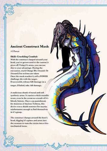 Ancient Mask, 2026, the description stats and visual of an ancient mask now seen as a parasitic monster within Tethren’s system, 637x900 px