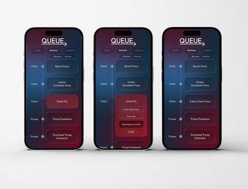 QUEUE, 2026, chest and tricep routine exercise replacement user flow, 5.78 x 2.82 in.