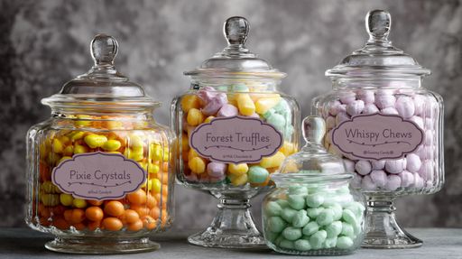 Sugarwood, 2026, candy labels with candy jars, 22.32 x 12.5 in.
