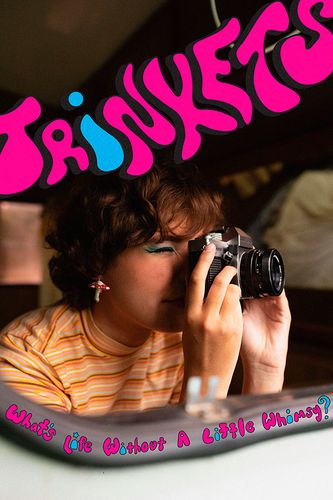 Trinkets Poster: Pink & Blue Variant, 2026, another poster for the Trinkets brand showcasing some of the products that come in the mystery box, 8.5x11 in.
