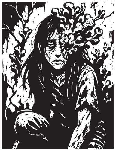 EATING DECAY, 2025, this work expresses what it's like to be like the true living dead where the live subject is being taken over by fungal like growth, pen and ink, 9x12 in.