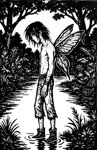 ALONE, 2025, a still of a person in the woods alone and somber, sad looking to his reflection for guidance, pen and ink, 9x12 in.
