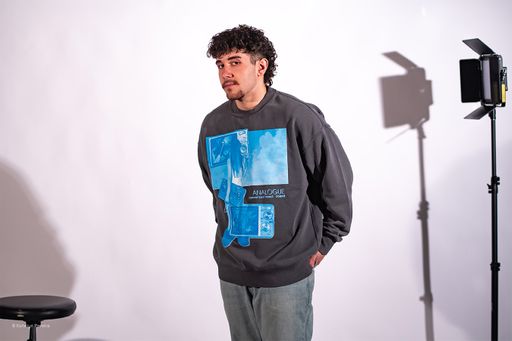 Analogue Blue, 2026, photo of screen printed sweater, 14 x 9 in.