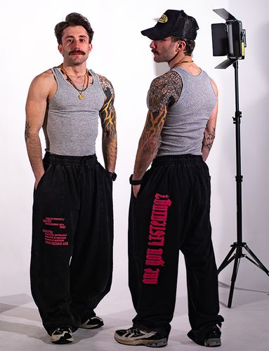 Analogue Pink, 2026, photo of screen printed sweatpants, 14 x 9 in.