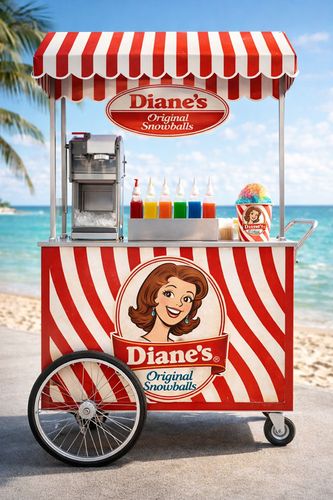 Diane’s Snowball Cart, 2026, mockup of Diane’s original snowball cart by the beach, 8.5 x 12 in.