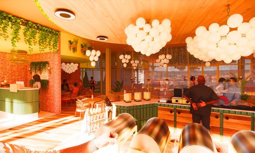 Sips & Sunrise Café, 2024, perspective rendering of café interior developed in Revit, digital
