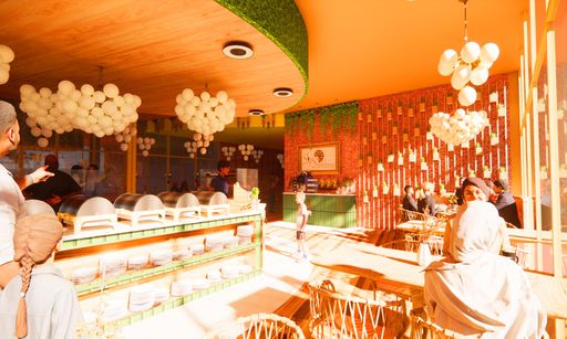 Sips & Sunrise Café, 2024, perspective rendering of café interior developed in Revit, digital