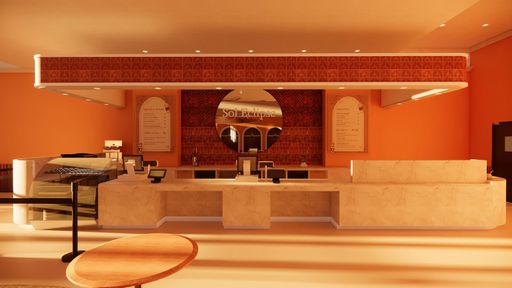 Sol Eclipse Tattoo & Café, 2026, perspective render of the café counter in a multi-occupancy building including a café and tattoo shop