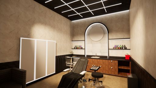 Sol Eclipse Tattoo & Café, 2026, perspective render of the tattoo & piercing work area in a multi-occupancy building including a café and tattoo shop