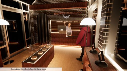 Pop Up Shop, 2025, perspective render of a pop up shop in the Boston winter market based off of the company the wild curiosity
