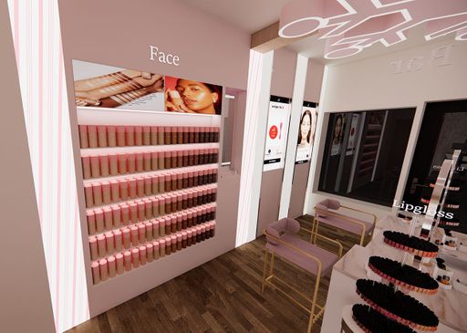 E.l.f. Pop-Up Shop, 2025, view of product shelving and interactive technology