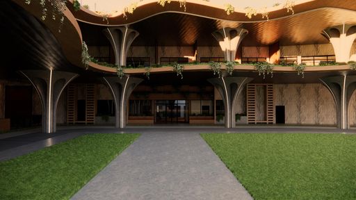 Hotel Front, 2025, Welcome to the Cambria hotel. This hotel, in combination with an in-house restaurant, The Undercrust Bar & Grill, was a semester-long project for students to gain experience in large-scale commercial hospitality design.