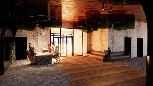 Hotel Lobby, 2025, Welcome to the Cambria hotel. This hotel, in combination with an in-house restaurant, The Undercrust Bar & Grill, was a semester-long project for students to gain experience in large-scale commercial hospitality design.