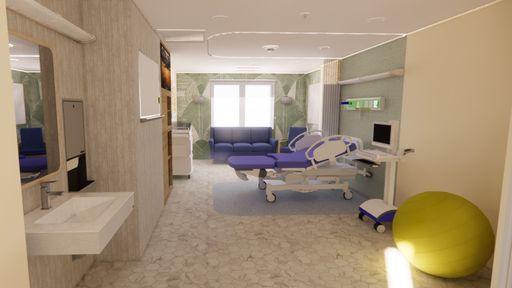 Mountain Breeze Maternity Patient Room, 2025, a clinical healthcare design for labor, delivery, and postpartum recovery. Local art pieces represent the native Goldenrod of Plymouth, MA.