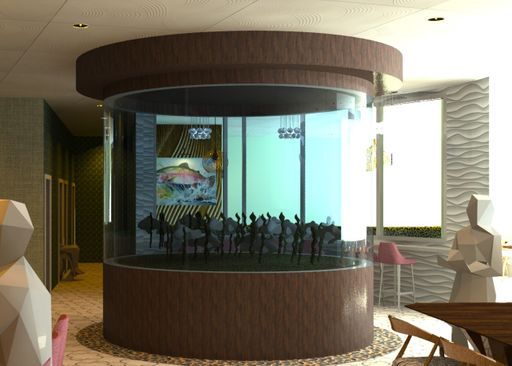 Dockside Dining, 2024, a restaurant located in San Diego, CA showcases a central eyepiece of a circular aquarium. Materials shown mimic the steelhead trout, an endangered species native to the San Diego coast.