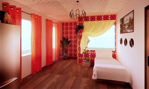 Personal Study Den, 2023, this design showcases a tiny home that includes a kitchenette, custom millwork, living space, and bathroom. Material choices represent joy with the idea of a clean mental space with minimal distractions.