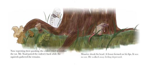 After The Storm, 2026, a gathering of woodland critters watching in pity as the distraught rat walks away, 28.33 x 12.5 in.