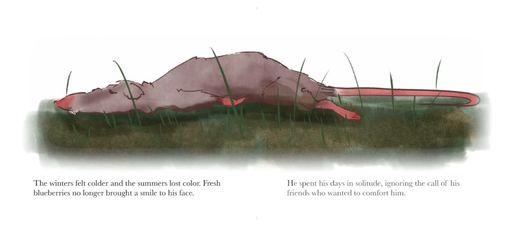 Defeated Rat, 2026, the grey rat lays upon the grass in grief, 28.33 x 12.5 in.