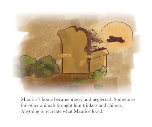 Retrospective Rat, 2026, A fireplace illuminates the uncleanly state of the rat's home as he slumps in a cardboard chair, 14.88 x 12.5 in.