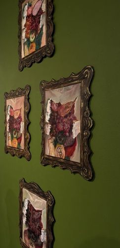 PORTRAIT HALL, 2026, series of oil paintings on canvas surrounded by mixed media faux frames, 54 x 96 in.