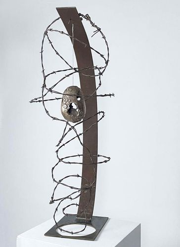 The Journey, 2025, lost wax cast bronze, mild steel, barbed wire, 38 x 16 x 24 in.