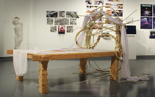 Mom’s Bed (Detail Shot), 2026, wood, invasive vines sourced from the UMass Dartmouth Campus and surrounding woods, laminated journal entries, fabric, feathers, felt, wire, 67 x 37 x 72 in.