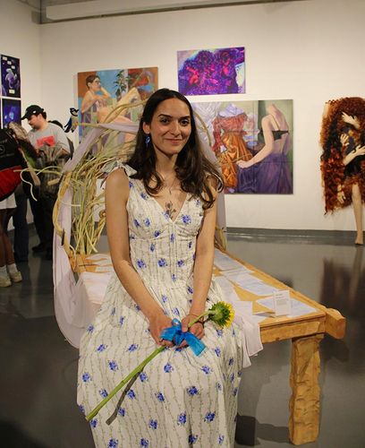 Mom’s Bed, 2026, wood, invasive vines sourced from the UMass Dartmouth Campus and surrounding woods, laminated journal entries, fabric, feathers, felt, wire, 67 x 37 x 72 in.