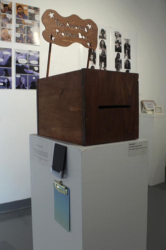 The Amazing Problem Box, 2026, wood, magnets, antique doorknobs, pencil, paper, 22 x 10 x 18 in.