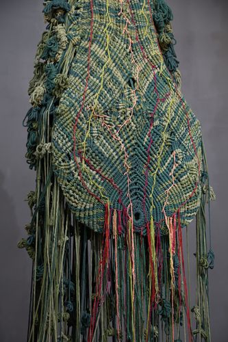 Arghavan Booyeh, Tapestry of Hope (detail), 2024, Cotton macrame cord, yarn, fabric, bronze,  45 x 23 x 12 in.