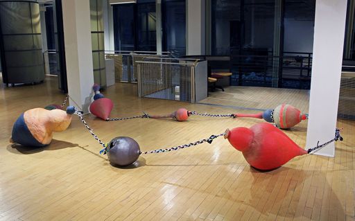 Tethered and Restricted, 2021, handbuilt earthenware and stoneware, handmade rope from upcycled old bedding, handmade  paper from upcycled old clothing and harvested plants, rust dye
